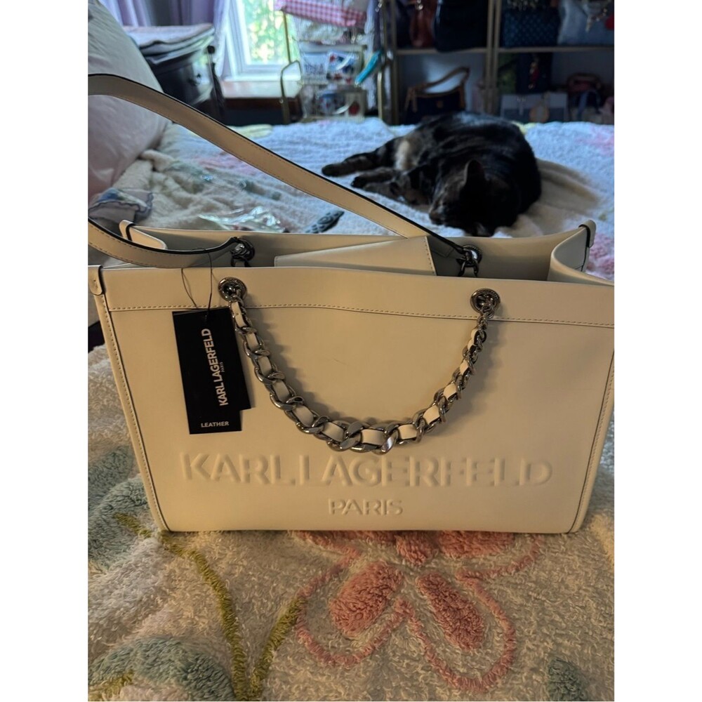 NWT Karl Lagerfeld Paris Savoie Large White Leather Chain Tote Bag MSRP $278